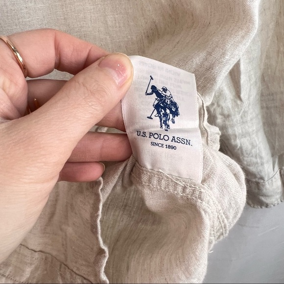Ralph Lauren US Polo ASSN Irish Linen Button Down Beige Mandarin Collar Sz L EUC - Picture 10 of 12